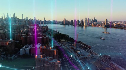 Aerial view of futuristic city with glowing neon lines representing global data connection. Smart city and urban technology concept - Powered by Adobe