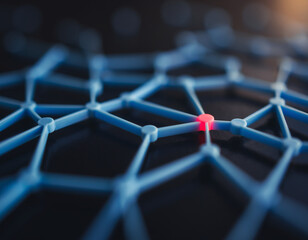 Abstract Network Structure with Glowing Red Node Among Blue Connected Points