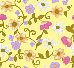 Cheerful floral pattern with vintage charm and playful design, perfect for adding a touch of whimsy to any project or design with a vibrant yellow backdrop
