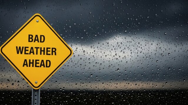 Bad Weather Ahead Stormy Skies with Raindrops, and and Warning Sign.