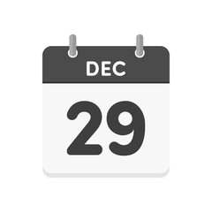 12月29日･DEC 29の日めくりカレンダーのアイコン - 12/29の日付入りの白黒の英語の暦