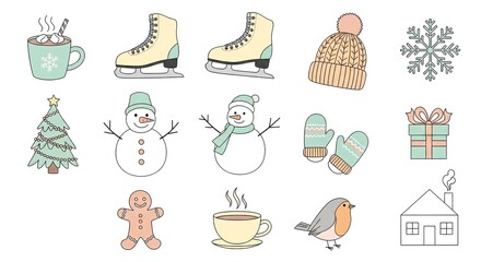 Winter-themed illustrations of cozy activities and holidays  