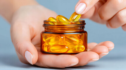 A person is holding a jar of fish oil pills. The jar is full of pills and the person is taking one out