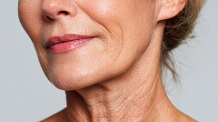 A woman with a smile on her face and a pink lip. She has a lot of wrinkles on her face