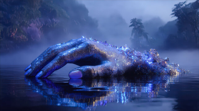 A hand made of glitter is floating in the water. The hand is surrounded by a blue and purple water