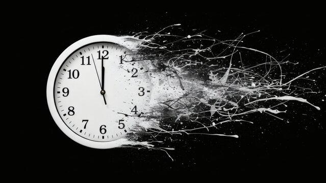 Time Flies Clock Exploding in White Splatter on Black Background.