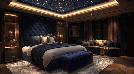 A celestial-inspired master suite featuring a king-sized bed with a plush midnight-blue headboard, gold constellation lighting, and a cozy velvet seating area beneath a skylight.