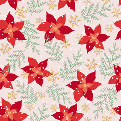 Vector Christmas seamless pattern design with hand-drawn red poinsettia flowers and fir branches.	