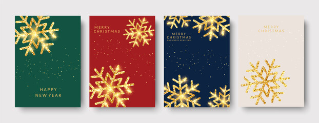 Luxurious brochure covers, Merry Christmas and Happy New Year! Golden snowflakes, cards, greetings, posters, a set of holiday vector illustrations.