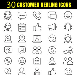 Customer Dealing Icons Collection, Client Support Outline Symbols, Service Interaction Vector Set, Communication and Assistance Minimal Icons Pack