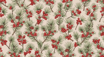 Obraz premium A festive holiday pattern features pine branches and bright red berries creating a cheerful seasonal design