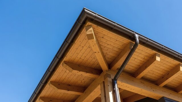 Wooden roof on sunny day Gutter with blue sky, and bright. - Powered by Adobe