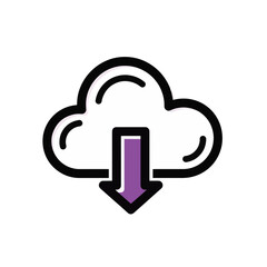 Fototapeta premium Cloud download icon with purple arrow. Vector illustration of data storage symbol. Bold line sticker style graphic isolated on transparent background