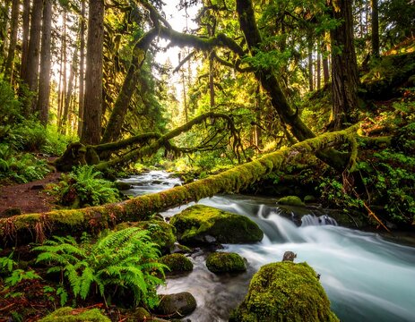 Lush forest scene of a flowing river beneath a moss-covered log bridge