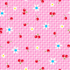 Sweet summer vibes with cherry and daisy pattern on pink gingham, perfect for children's apparel, accessories, and vibrant scrapbook designs