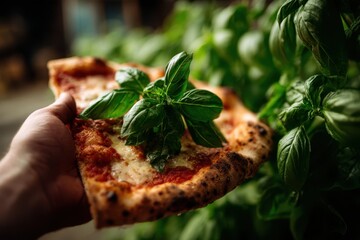 Foods styling magazine content concept. Delicious pizza slice garnished with fresh basil in a lush green setting.