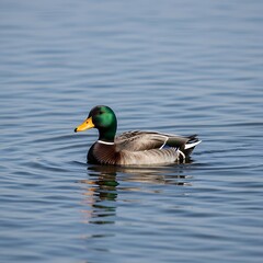 Fototapeta premium Male mallard duck swims gracefully on calm blue water with ripples.