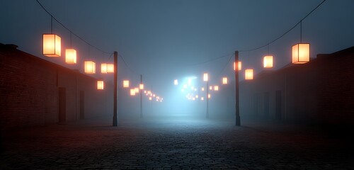 Spooky glowing lanterns in eerie haunted street
