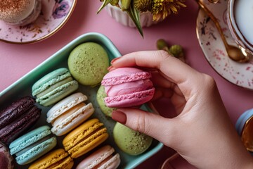 Foods styling magazine content concept. Colorful macarons arranged on a tray, with a hand reaching for a pink one.