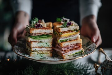 Foods styling magazine content concept. Platter of layered sandwiches garnished with greenery and served elegantly.