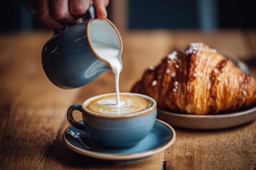 Foods styling magazine content concept. Rich coffee being poured with a croissant in a cozy café setting.