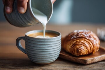 Foods styling magazine content concept. Pouring milk into coffee beside a croissant on a rustic wooden table.