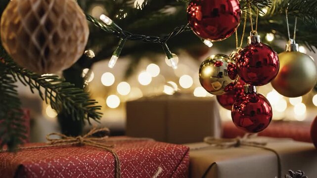 Cozy Xmas Gifts under festive tree with lit by warm lights.