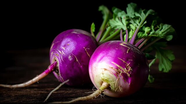 Vibrant purple turnips with lush green tops are displayed on a rustic wooden table under soft natural light, showcasing their freshness