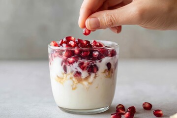 Foods styling magazine content concept. A hand adds pomegranate seeds to a creamy dessert in a clear glass.