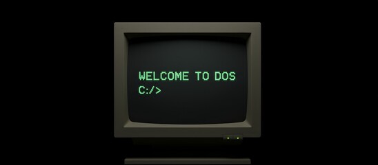 Vintage computer monitor showing a classic green screen text interface with welcome to dos and the c prompt, symbolizing old technology, system errors, or a nostalgic past