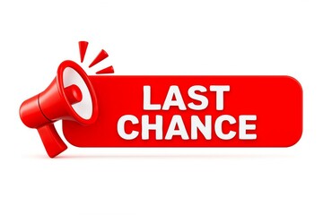 Red megaphone announcing last chance sale with bold white text on a rounded rectangle banner for promotions