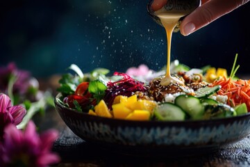 Foods styling magazine content concept. Vibrant salad being drizzled with dressing, surrounded by colorful flowers.