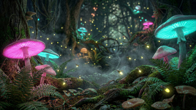 Magical neon glowing mushrooms in a misty fantasy forest with fireflies