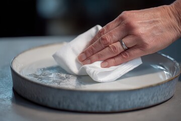 Foods styling magazine content concept. A hand wipes a clean plate with a cloth, showcasing attention to cleanliness.