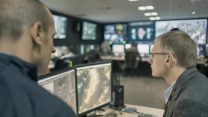 A man discusses critical data with another man in a high-tech monitoring room filled with large screens displaying real-time information. Focused conversations highlight the intens