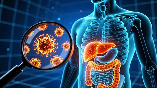 A blue torso with magnifier focusing on orange virus cluster, symbolizing fatty liver disease, hepatic steatosis