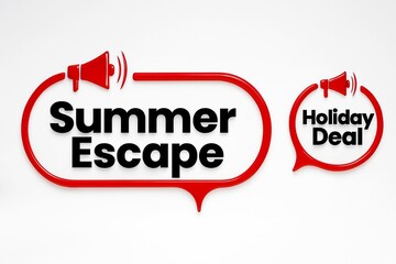 Announcing summer escape holiday deal with megaphone icon and bold text on white background