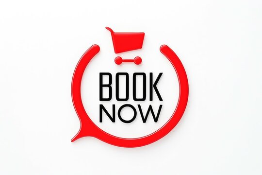 Red speech bubble with shopping cart and bow tie containing the words book now for online booking and purchasing concepts