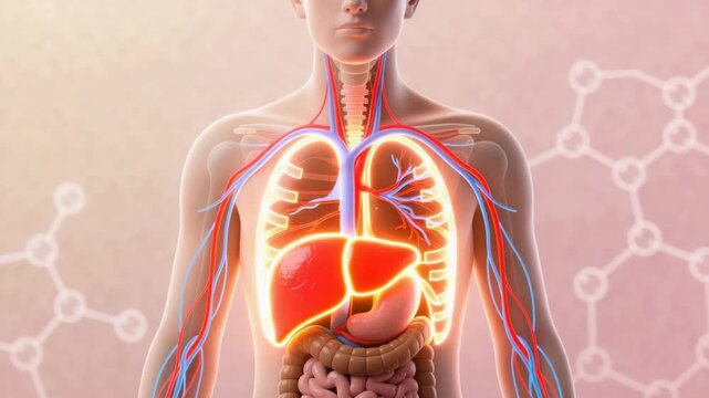 A transparent torso showing a glowing liver and organs, symbol of fatty liver disease, hepatic steatosis awareness