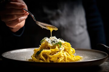 Foods styling magazine content concept. Delicious pasta being garnished with cheese in an elegant setting.