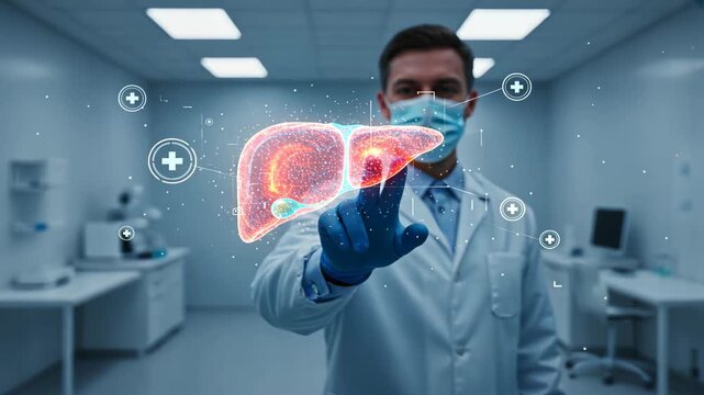 A doctor pointing at holographic liver in lab light, concept of fatty liver disease, hepatic steatosis research
