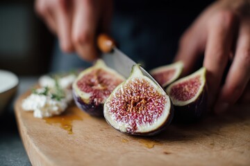 Foods styling magazine content concept. Freshly sliced figs on a wooden board with cheese being prepared.
