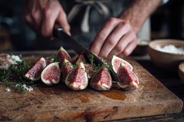 Foods styling magazine content concept. Slicing fresh figs on a wooden board with herbs in a rustic kitchen setting.