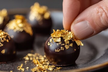 Foods styling magazine content concept. Hand garnishing a chocolate truffle with edible gold flakes on a dark plate.