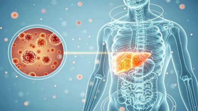 A blue torso with glowing liver beam and cell zoom inset, symbol of fatty liver disease, hepatic steatosis scan