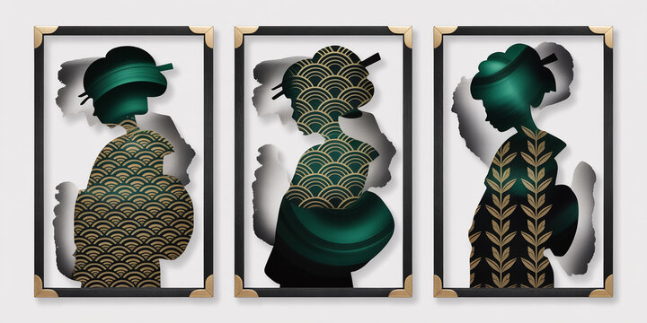 Double exposure triptych, Neo-Oriental luxury, Geisha silhouette with Seigaiha, Kikko, Asanoha patterns, emerald green, gold leaf, charcoal ink, high-volume, best-selling wall art.