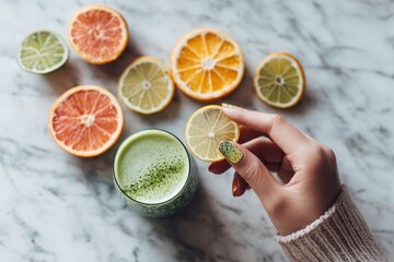 Foods styling magazine content concept. Refreshing citrus arrangement with a hand holding a lime slice over a green drink.
