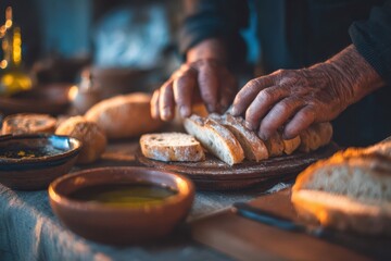 Foods styling magazine content concept. A person slices fresh bread with rustic decor and olive oil nearby.