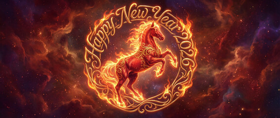 Fiery Horse and 'Happy New Year 2026' in Cosmic Nebula