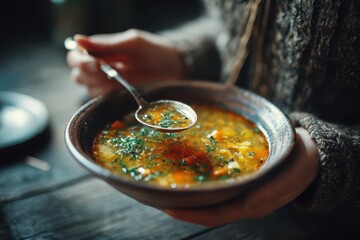 Foods styling magazine content concept. Warm bowl of soup held in hands, garnished with herbs and spices.